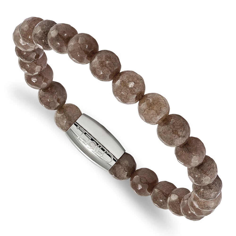 Kazi Luxury Steel Polished 8mm Brown Jade Beaded Stretch Bracelet